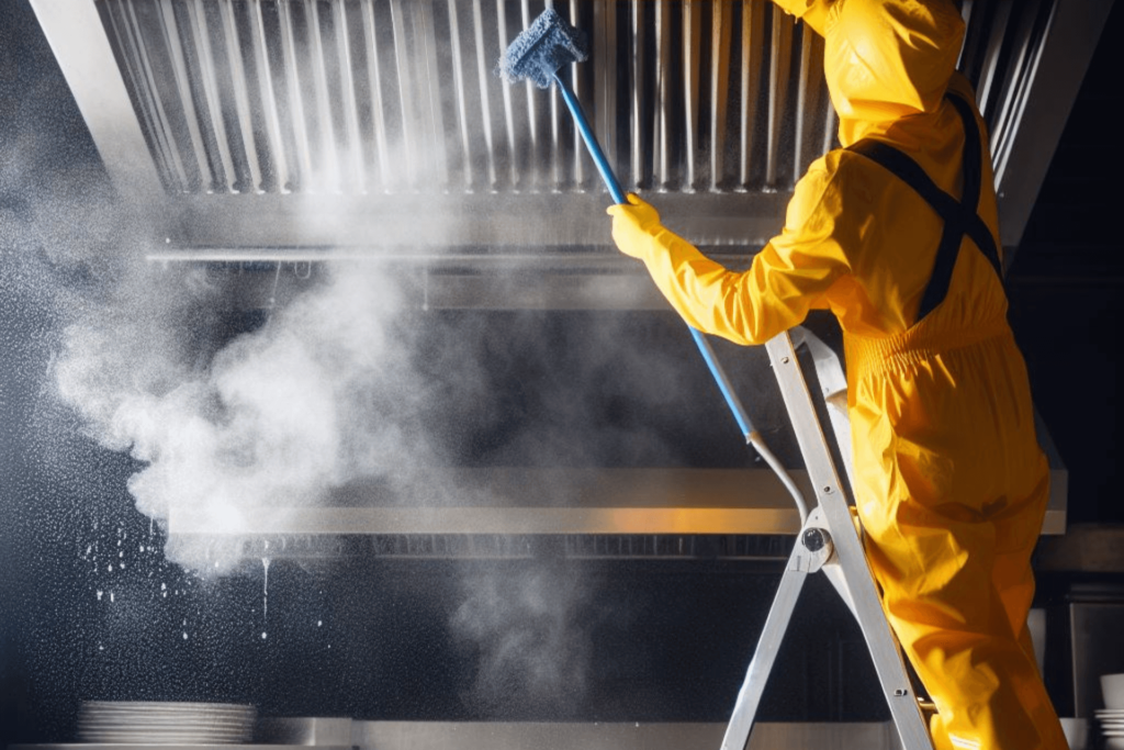 Un technicien Actoclean en service de dégraissage d'une hotte professionnelle